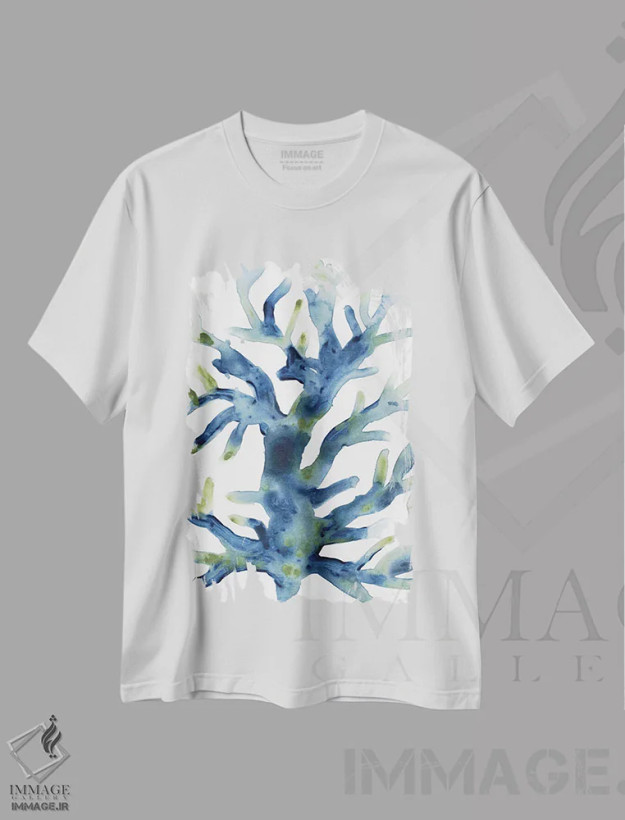 تیشرت سفید طرح دار مرجان مایع ۳، آبستره اثر جون اریکا وس | فروشگاه ایماژ