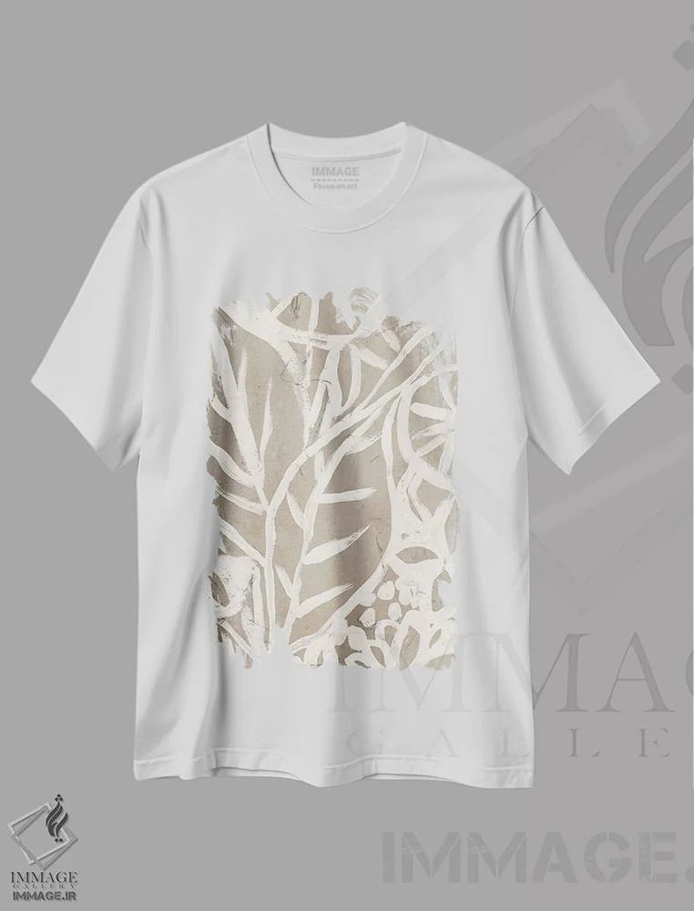 تیشرت سفید طرح دار شاخ و برگ پارچه گل آلود ۱، آبستره اثر جون اریکا وس | فروشگاه ایماژ
