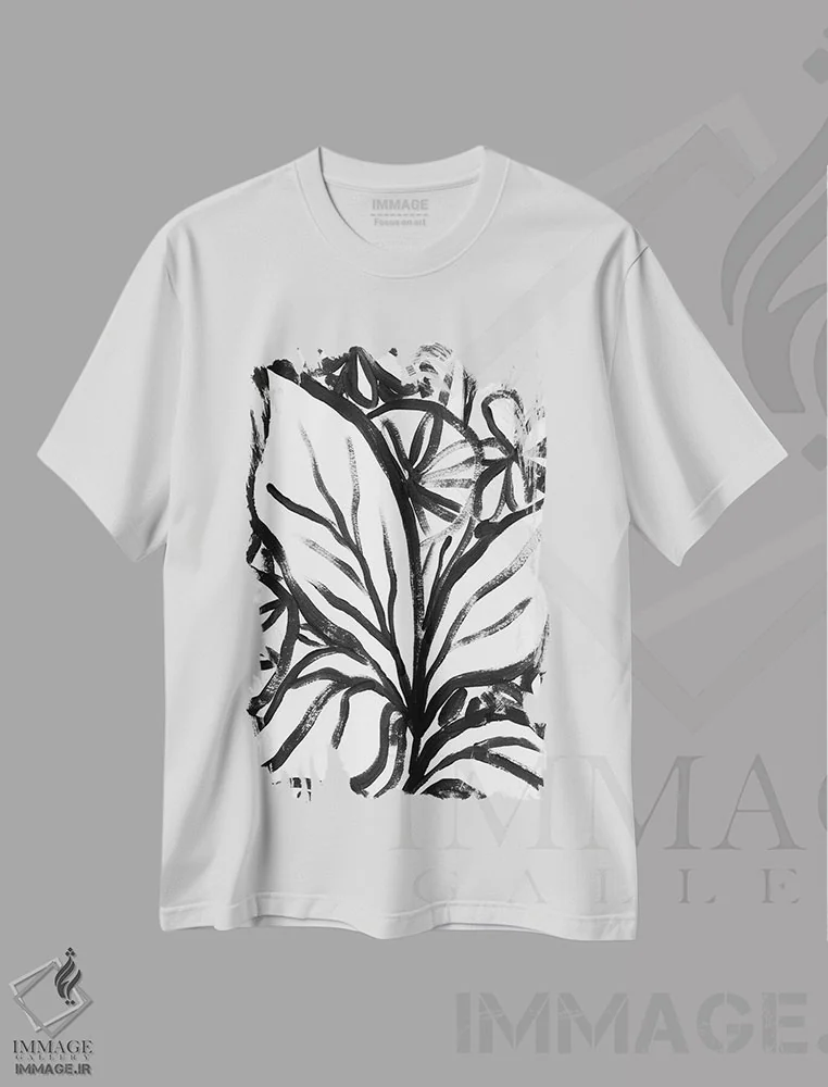 تیشرت سفید طرح دار باغ سومین ۳، آبستره اثر جون اریکا وس | فروشگاه ایماژ