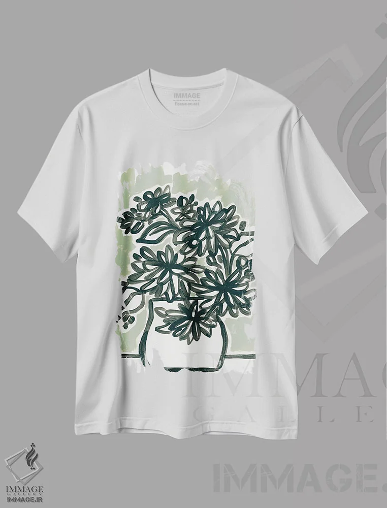 تیشرت سفید طرح دار شکوفه های طاقچه پنجره ۱، آبستره اثر جون اریکا وس | فروشگاه ایماژ