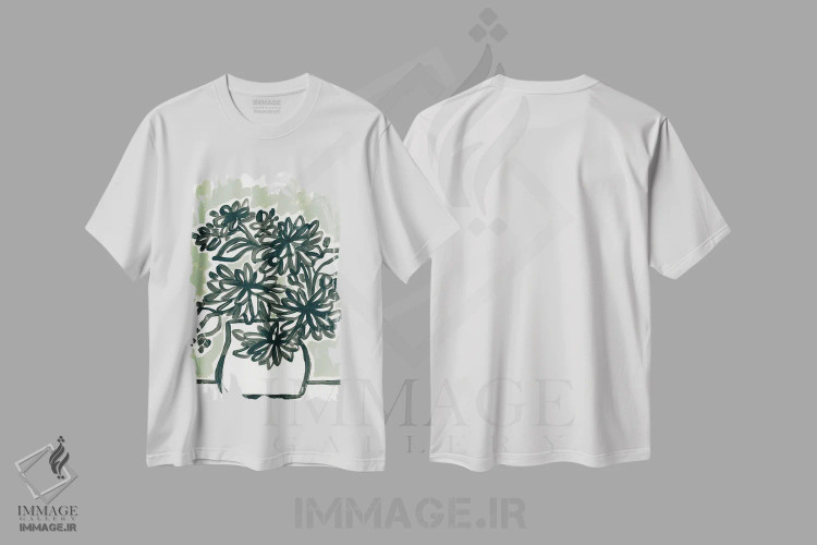 تیشرت سفید طرح دار شکوفه های طاقچه پنجره ۱، آبستره اثر جون اریکا وس | فروشگاه ایماژ