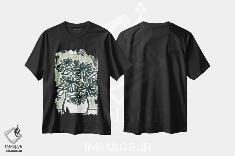تیشرت مشکی طرح دار شکوفه های طاقچه پنجره ۱، آبستره اثر جون اریکا وس | immage.ir