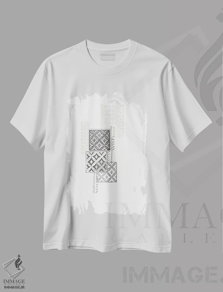 تیشرت سفید طرح دار ترکیب چاپ قالبی دوم، آبستره اثر جون اریکا وس | فروشگاه ایماژ