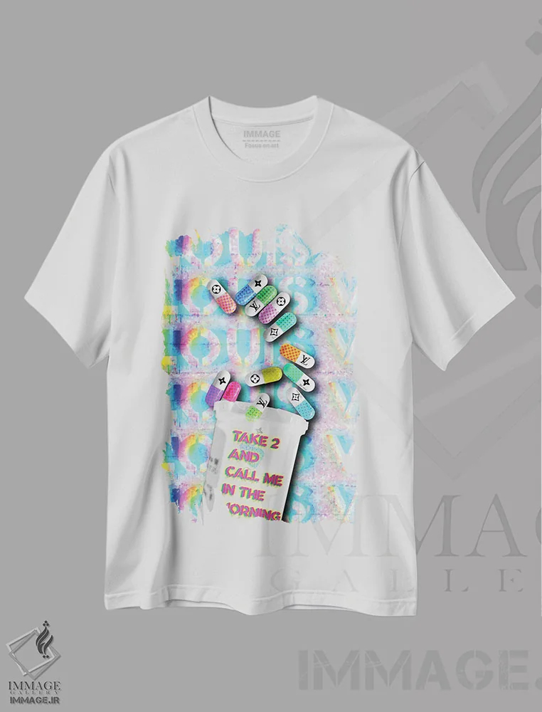تیشرت سفید طرح دار قرص های لویی وی، هنر دیجیتال اثر جسیکا استمپل | immage.ir