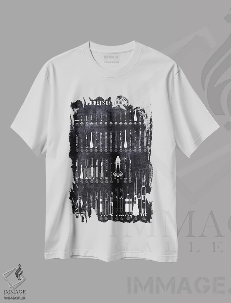 تیشرت سفید طرح دار موشک های جهان، هنر تزئینی سیاه و سفید اثر جوزف فرناندو | فروشگاه ایماژ