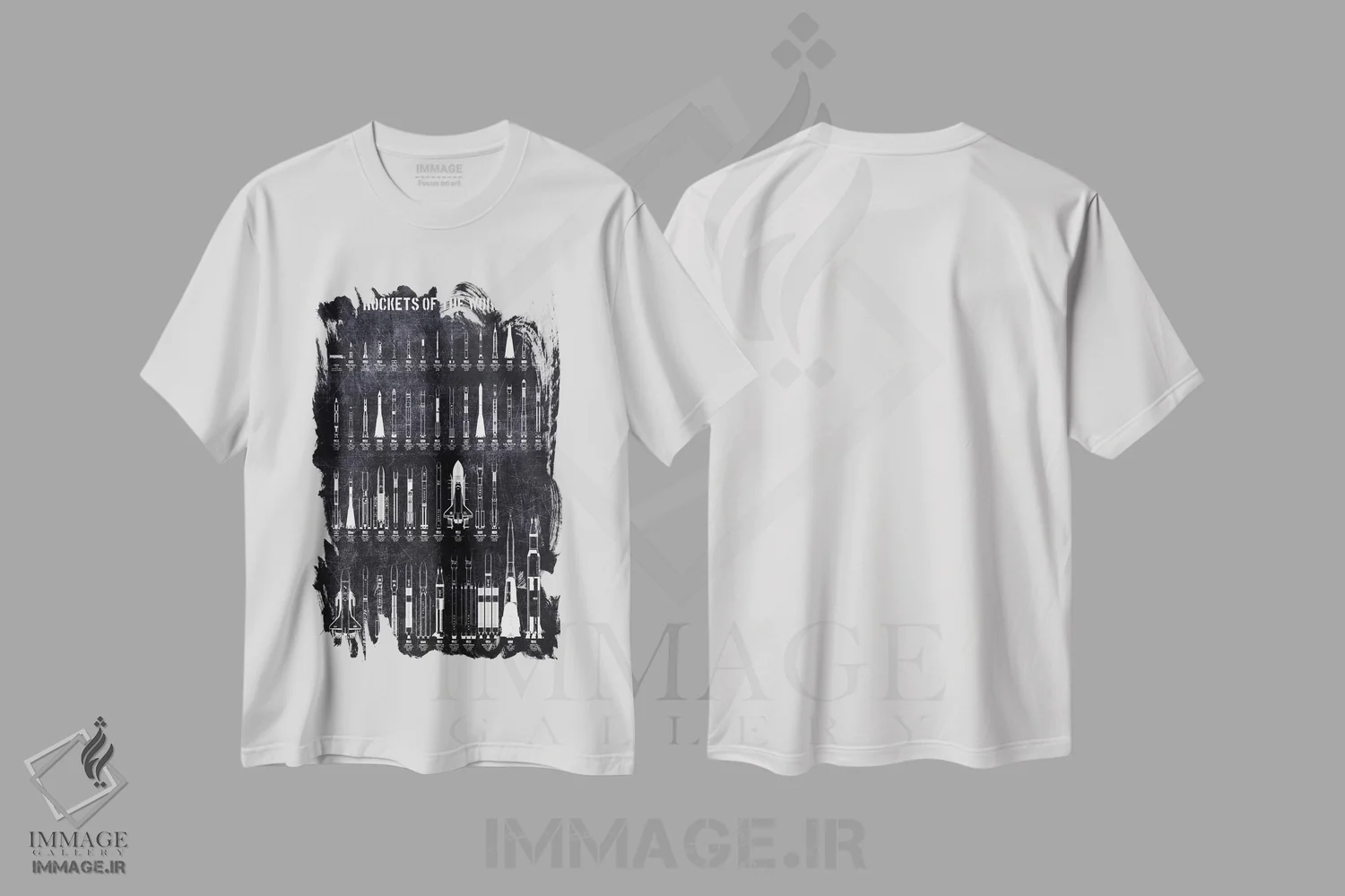 تیشرت سفید طرح دار موشک های جهان، هنر تزئینی سیاه و سفید اثر جوزف فرناندو | فروشگاه ایماژ