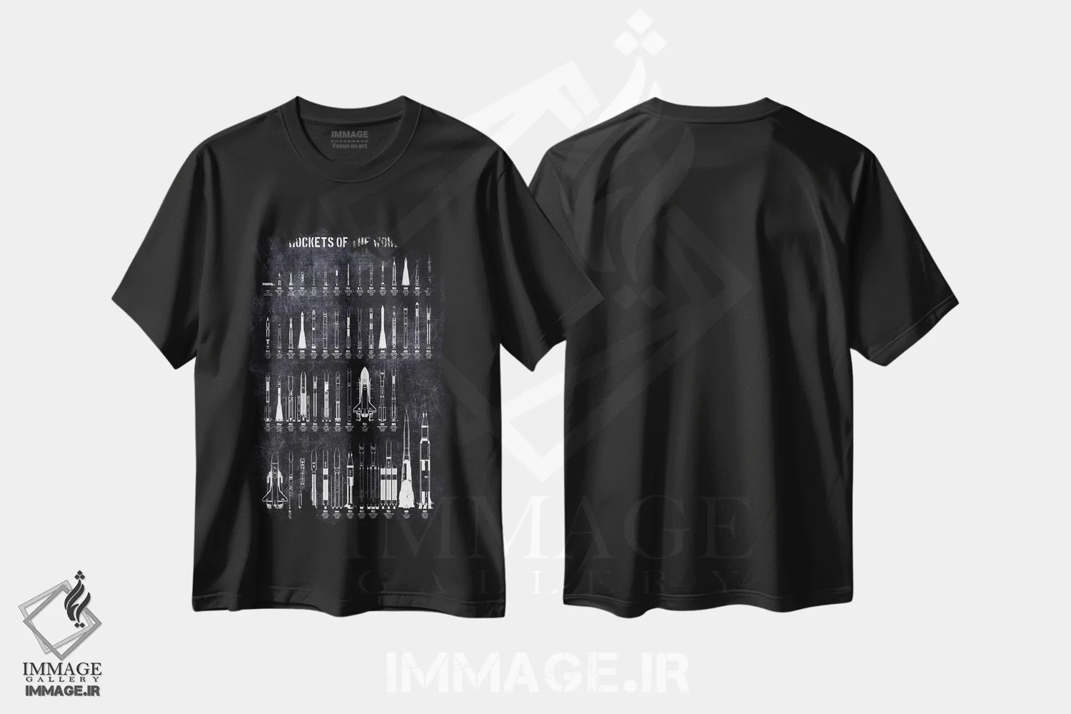 تیشرت مشکی طرح دار موشک های جهان، هنر تزئینی سیاه و سفید اثر جوزف فرناندو | immage.ir