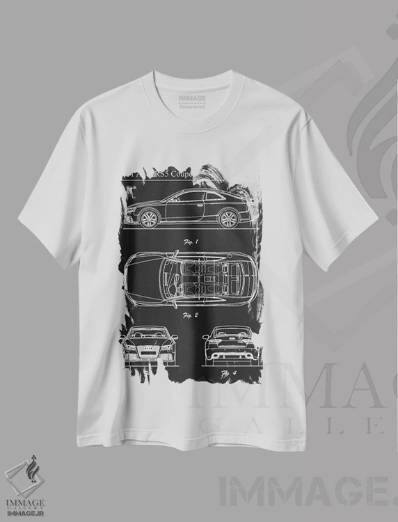 تیشرت سفید طرح دار آئودی آر اس۵ کوپه ۲۰۱۱، هنر تزئینی سیاه و سفید اثر جوزف فرناندو | فروشگاه ایماژ