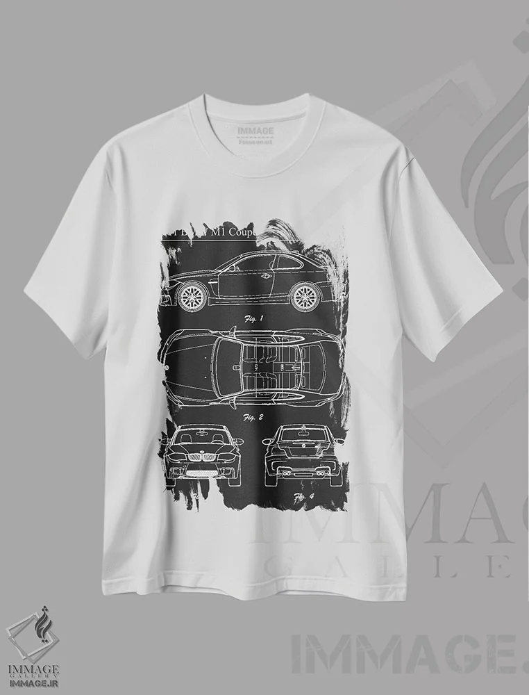 تیشرت سفید طرح دار بی ام و ام۱ کوپه ۲۰۱۱، هنر تزئینی سیاه و سفید اثر جوزف فرناندو | فروشگاه ایماژ