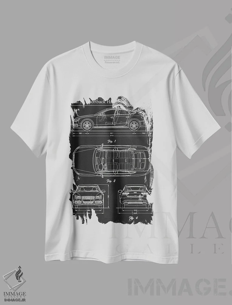 تیشرت سفید طرح دار آئودی اس۵ اسپرت بک هاچ بک ۲۰۱۱، هنر تزئینی سیاه و سفید اثر جوزف فرناندو | immage.ir