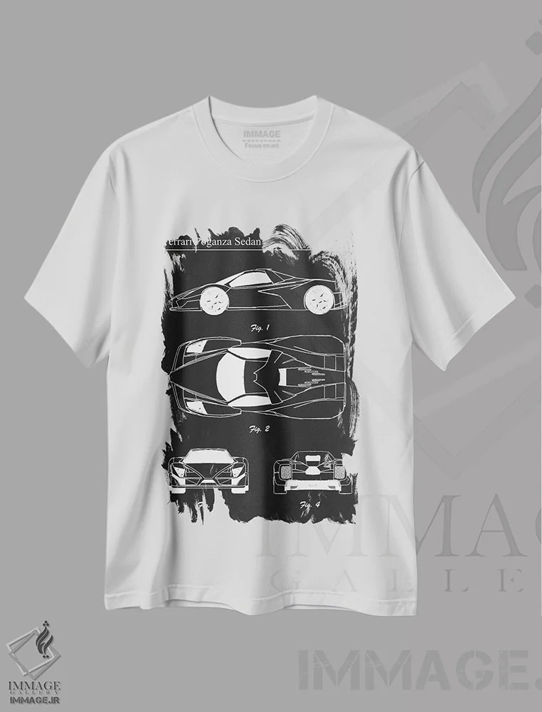 تیشرت سفید طرح دار فراری پوگانزا سدان، هنر تزئینی سیاه و سفید اثر جوزف فرناندو | immage.ir