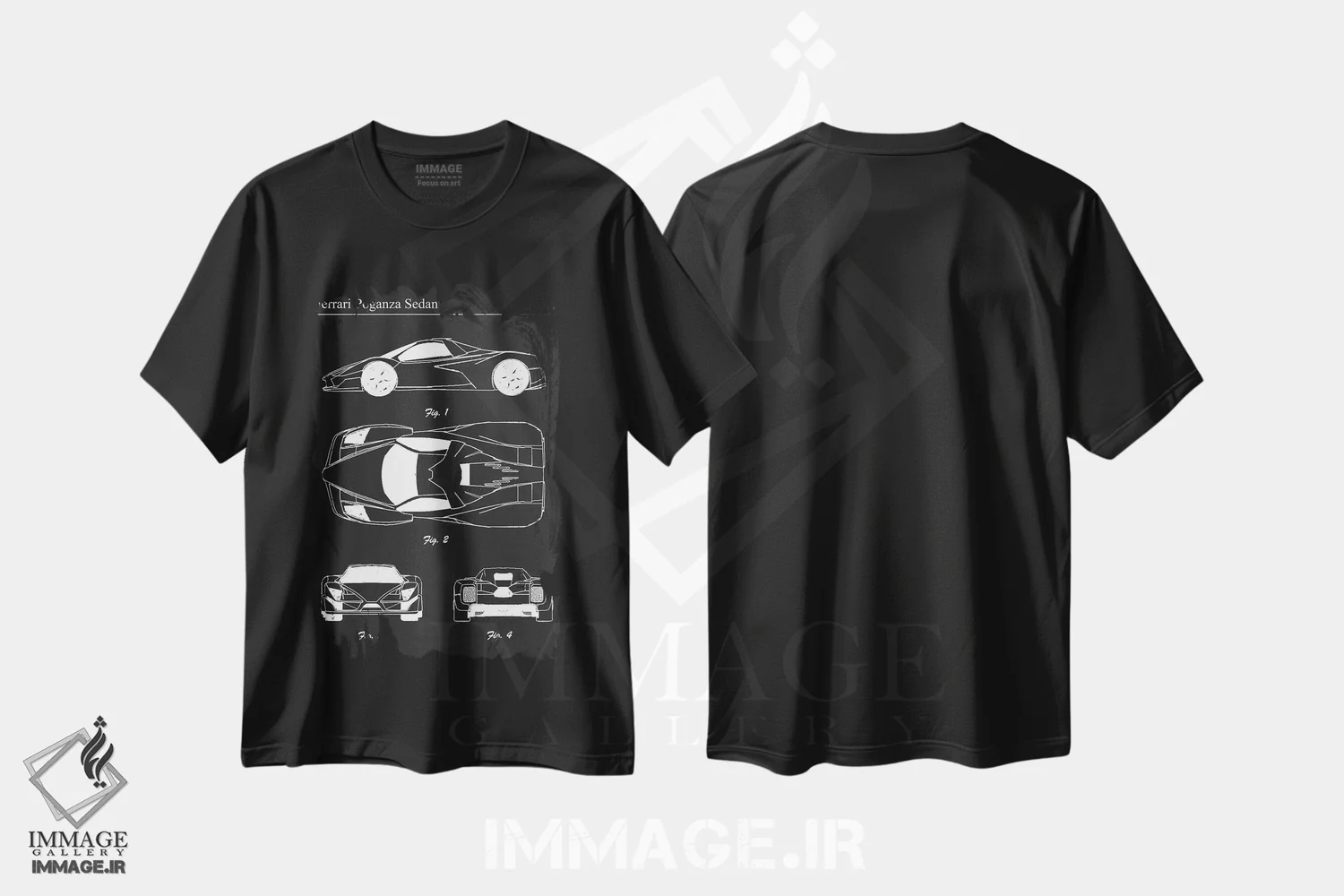 تیشرت مشکی طرح دار فراری پوگانزا سدان، هنر تزئینی سیاه و سفید اثر جوزف فرناندو | فروشگاه ایماژ