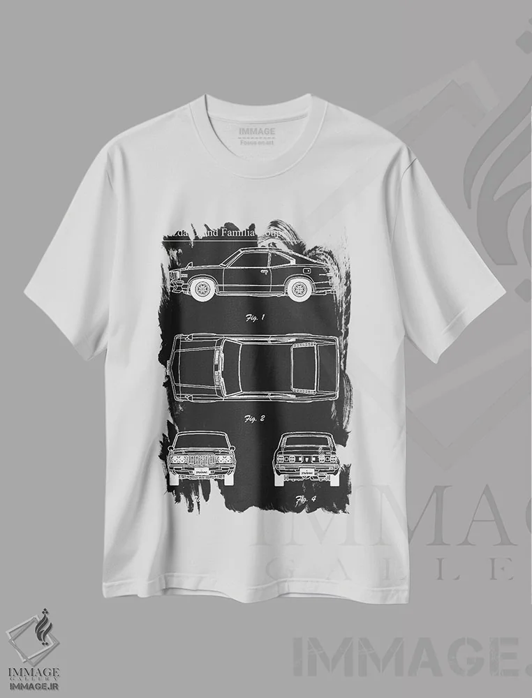 تیشرت سفید طرح دار مزدا گرند فامیلیا کوپه، هنر تزئینی سیاه و سفید اثر جوزف فرناندو | فروشگاه ایماژ