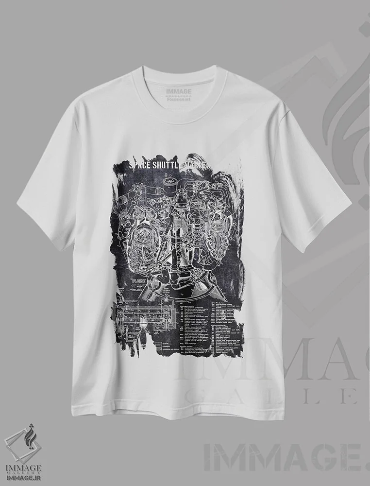 تیشرت سفید طرح دار موتور اصلی شاتل فضایی، هنر تزئینی سیاه و سفید اثر جوزف فرناندو | فروشگاه ایماژ