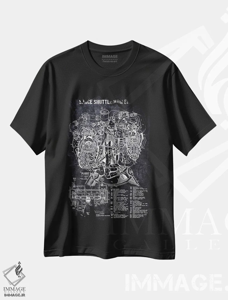 تیشرت مشکی طرح دار موتور اصلی شاتل فضایی، هنر تزئینی سیاه و سفید اثر جوزف فرناندو | immage.ir