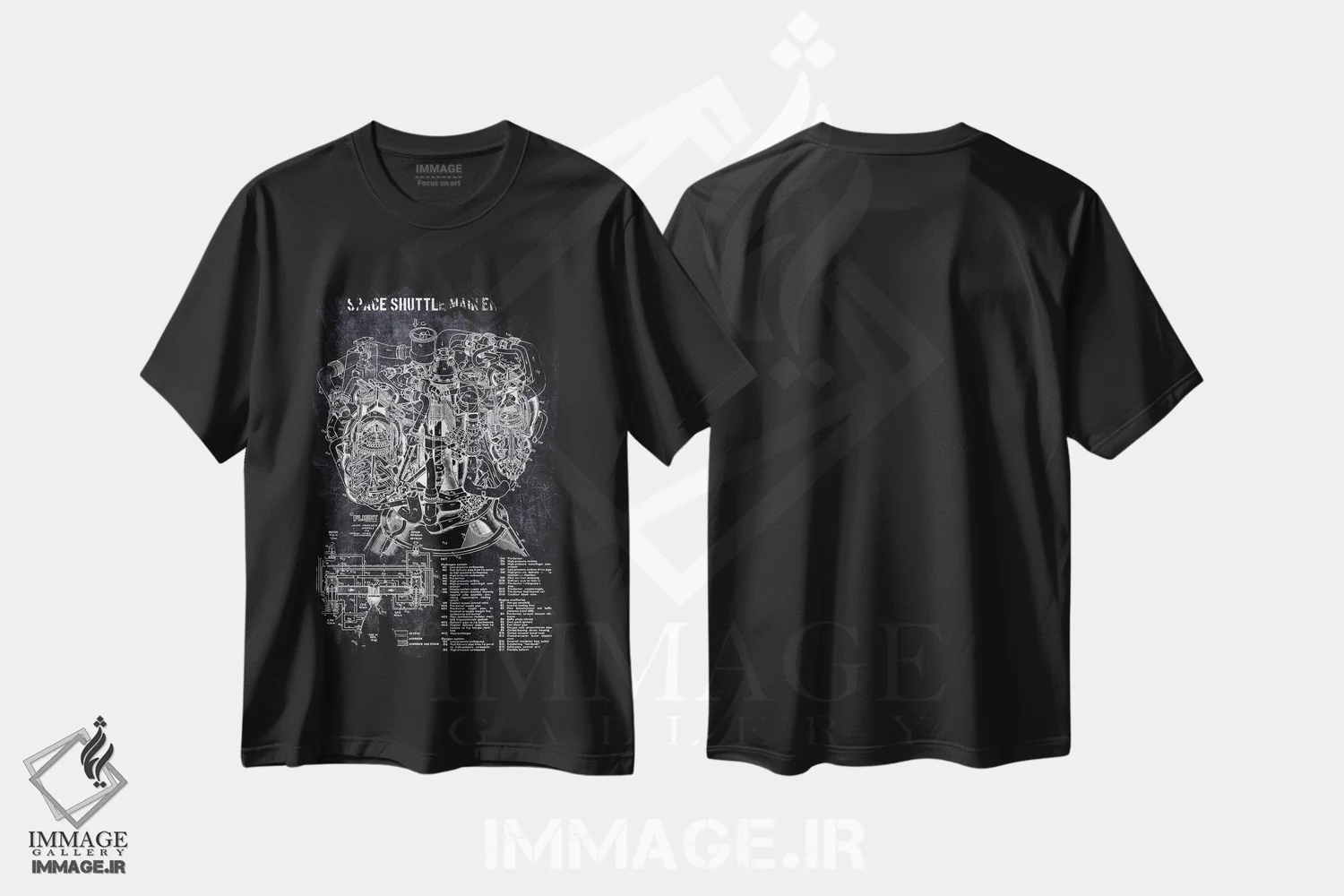 تیشرت مشکی طرح دار موتور اصلی شاتل فضایی، هنر تزئینی سیاه و سفید اثر جوزف فرناندو | immage.ir