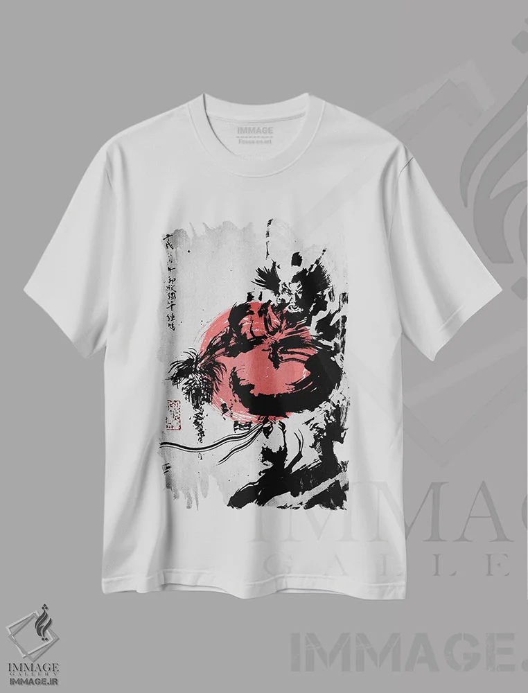 تیشرت سفید طرح دار سامورایی عصبانی، دکور آسیایی اثر جوزف فرناندو | فروشگاه ایماژ