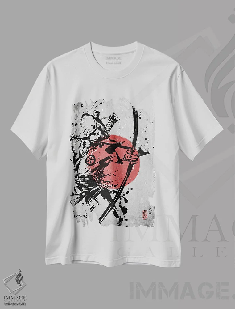 تیشرت سفید طرح دار تیر سامورایی، دکور آسیایی اثر جوزف فرناندو | فروشگاه ایماژ