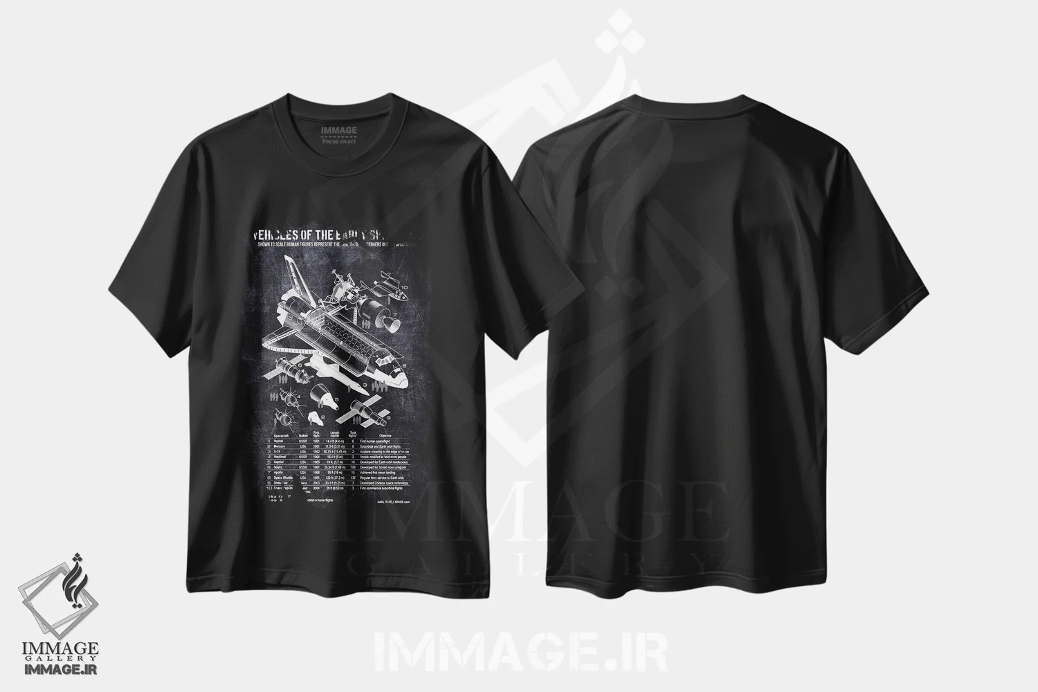 تیشرت مشکی طرح دار وسایل نقلیه عصر اولیه فضا، هنر تزئینی سیاه و سفید اثر جوزف فرناندو | فروشگاه ایماژ