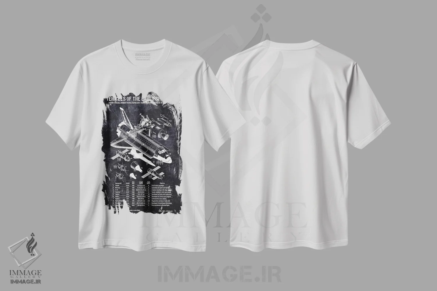 تیشرت سفید طرح دار وسایل نقلیه عصر اولیه فضا، هنر تزئینی سیاه و سفید اثر جوزف فرناندو | immage.ir