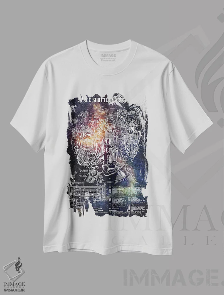 تیشرت سفید طرح دار موتور اصلی شاتل فضایی ۱، تزئینی اثر جوزف فرناندو | فروشگاه ایماژ