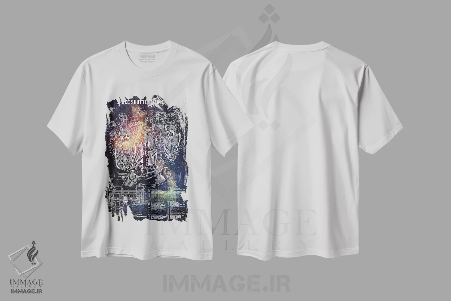 تیشرت سفید طرح دار موتور اصلی شاتل فضایی ۱، تزئینی اثر جوزف فرناندو | فروشگاه ایماژ