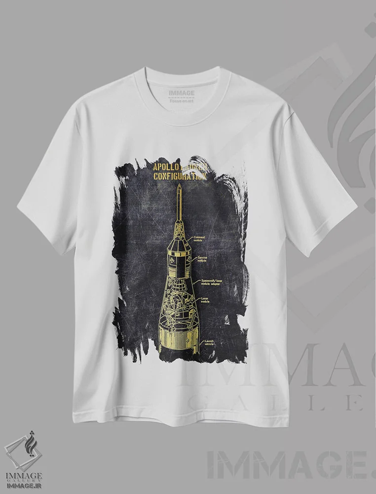 تیشرت سفید طرح دار پرتاب آپولو - طلایی، هنر دیجیتال اثر جوزف فرناندو | فروشگاه ایماژ