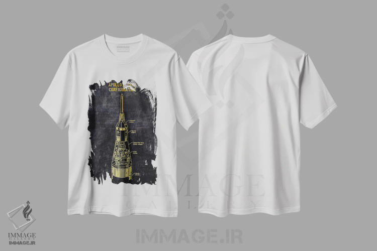 تیشرت سفید طرح دار پرتاب آپولو - طلایی، هنر دیجیتال اثر جوزف فرناندو | فروشگاه ایماژ