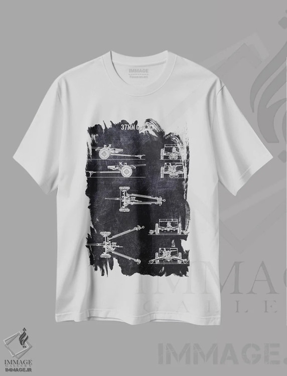 تیشرت سفید طرح دار توپ ۳۷ میلی متری مدل M3، هنر تزئینی سیاه و سفید اثر جوزف فرناندو | immage.ir