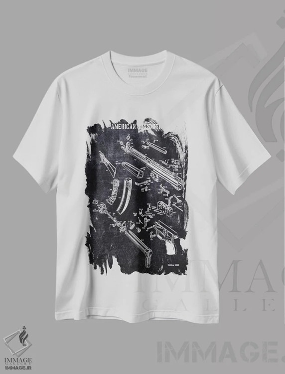 تیشرت سفید طرح دار سازنده اسلحه آمریکایی، هنر تزئینی سیاه و سفید اثر جوزف فرناندو | immage.ir