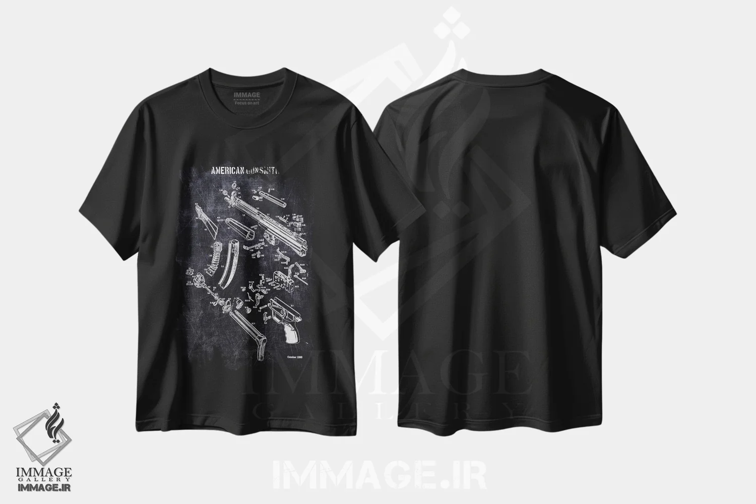 تیشرت مشکی طرح دار سازنده اسلحه آمریکایی، هنر تزئینی سیاه و سفید اثر جوزف فرناندو | فروشگاه ایماژ