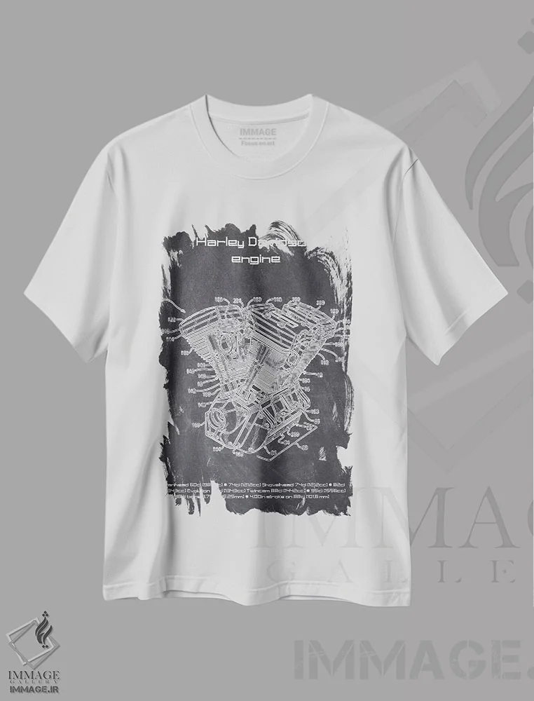 تیشرت سفید طرح دار موتور هارلی دیویدسون، هنر دیجیتال سیاه و سفید اثر جوزف فرناندو | فروشگاه ایماژ