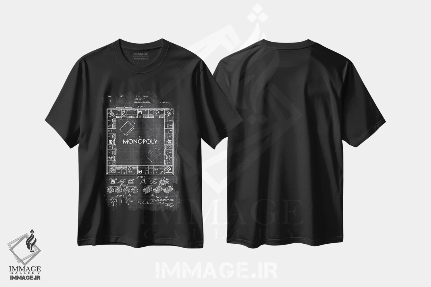 تیشرت مشکی طرح دار بازی رومیزی، هنر تزئینی سیاه و سفید اثر جوزف فرناندو | فروشگاه ایماژ