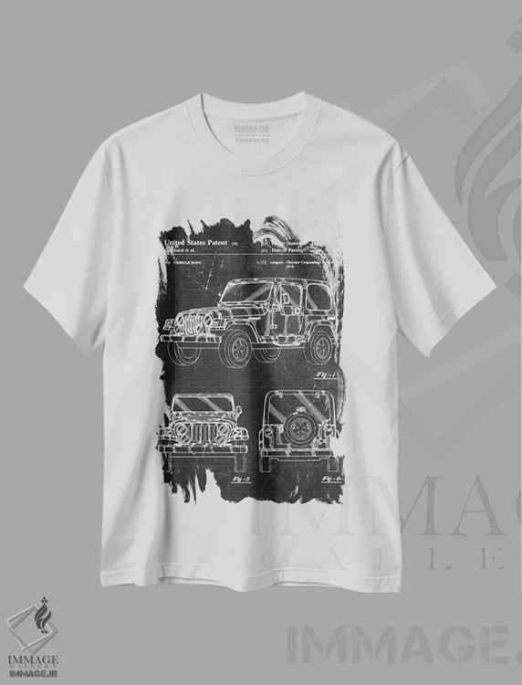 تیشرت سفید طرح دار جیپ رانگلر، هنر تزئینی سیاه و سفید اثر جوزف فرناندو | immage.ir