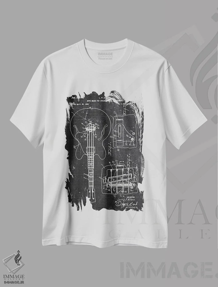 تیشرت سفید طرح دار ساز زهی، هنر تزئینی سیاه و سفید اثر جوزف فرناندو | فروشگاه ایماژ