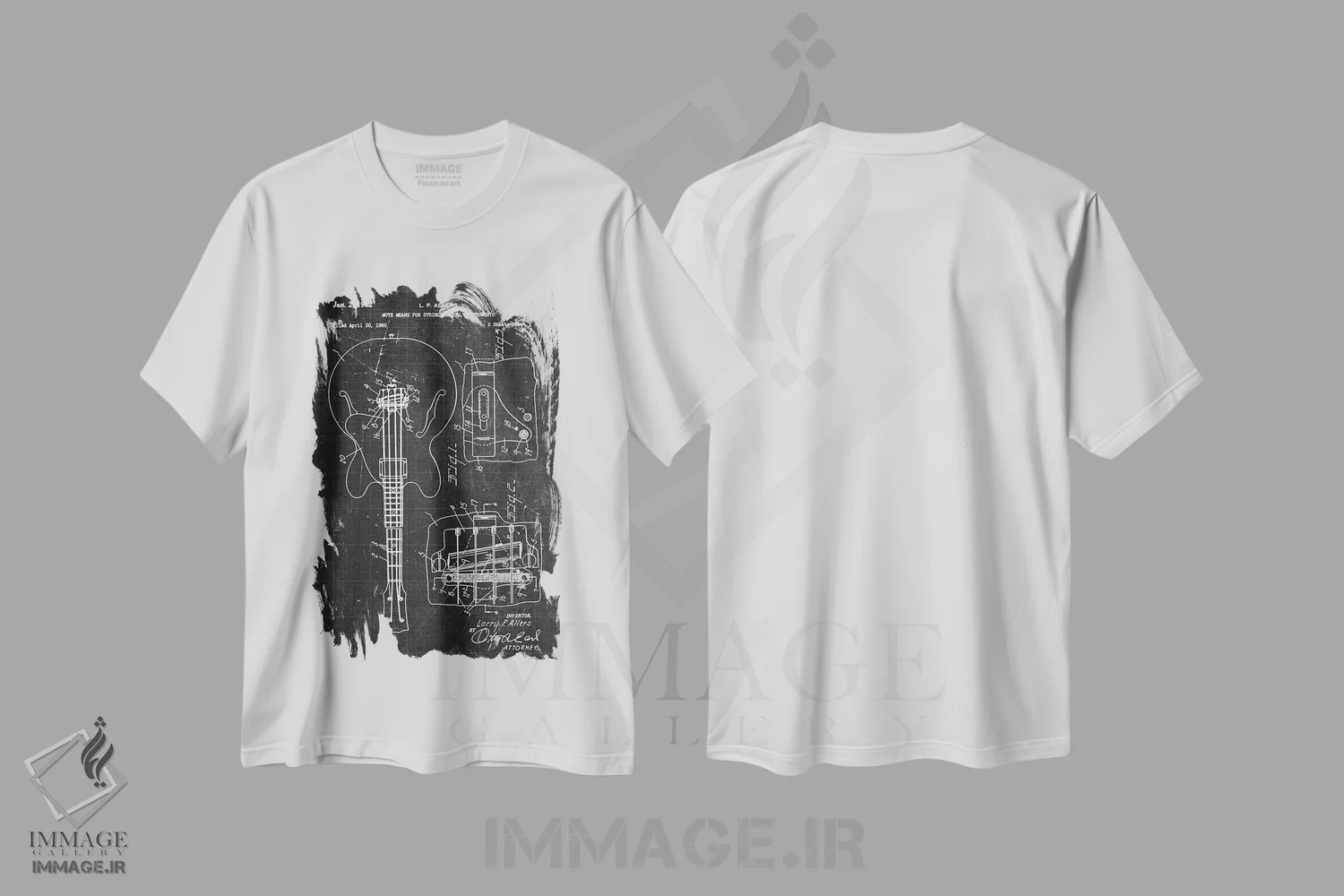 تیشرت سفید طرح دار ساز زهی، هنر تزئینی سیاه و سفید اثر جوزف فرناندو | فروشگاه ایماژ