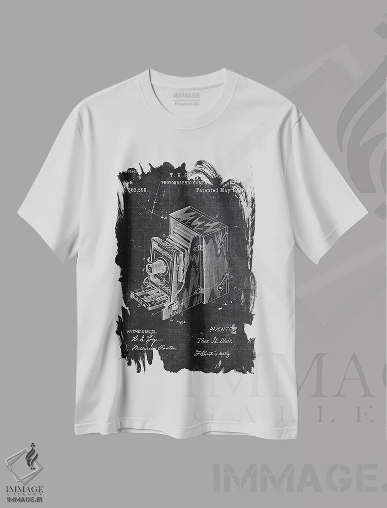 تیشرت سفید طرح دار دوربین عکاسی، هنر تزئینی سیاه و سفید اثر جوزف فرناندو | فروشگاه ایماژ