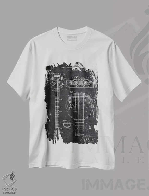 تیشرت سفید طرح دار ساز موسیقی، هنر تزئینی سیاه و سفید اثر جوزف فرناندو | immage.ir