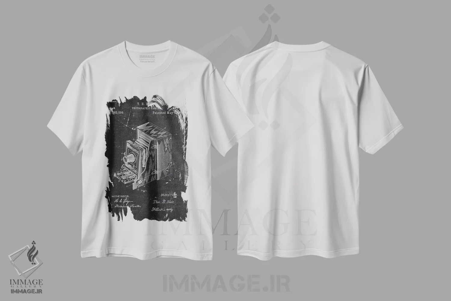 تیشرت سفید طرح دار دوربین عکاسی، هنر تزئینی سیاه و سفید اثر جوزف فرناندو | فروشگاه ایماژ