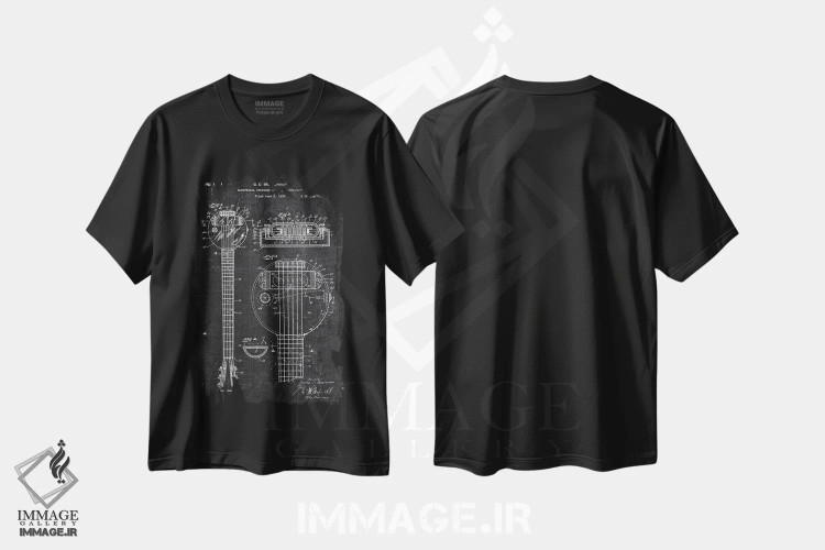 تیشرت مشکی طرح دار ساز موسیقی، هنر تزئینی سیاه و سفید اثر جوزف فرناندو | فروشگاه ایماژ