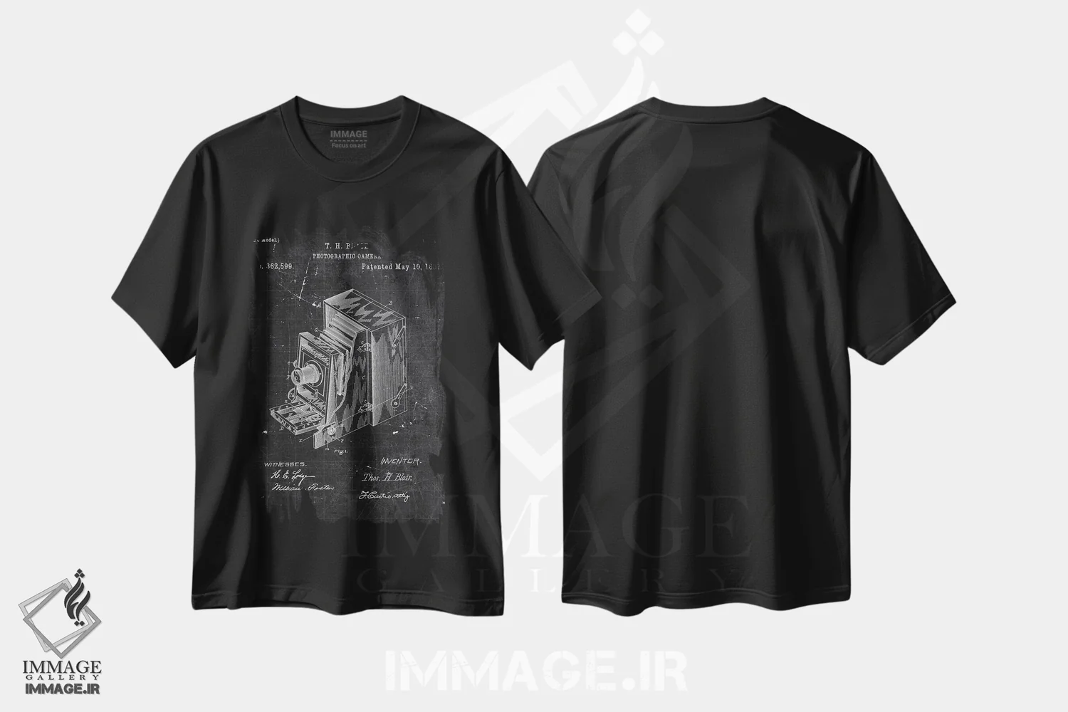 تیشرت مشکی طرح دار دوربین عکاسی، هنر تزئینی سیاه و سفید اثر جوزف فرناندو | immage.ir