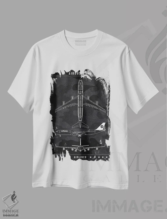 تیشرت سفید طرح دار ایرباس A340، هنر تزئینی سیاه و سفید اثر جوزف فرناندو | فروشگاه ایماژ