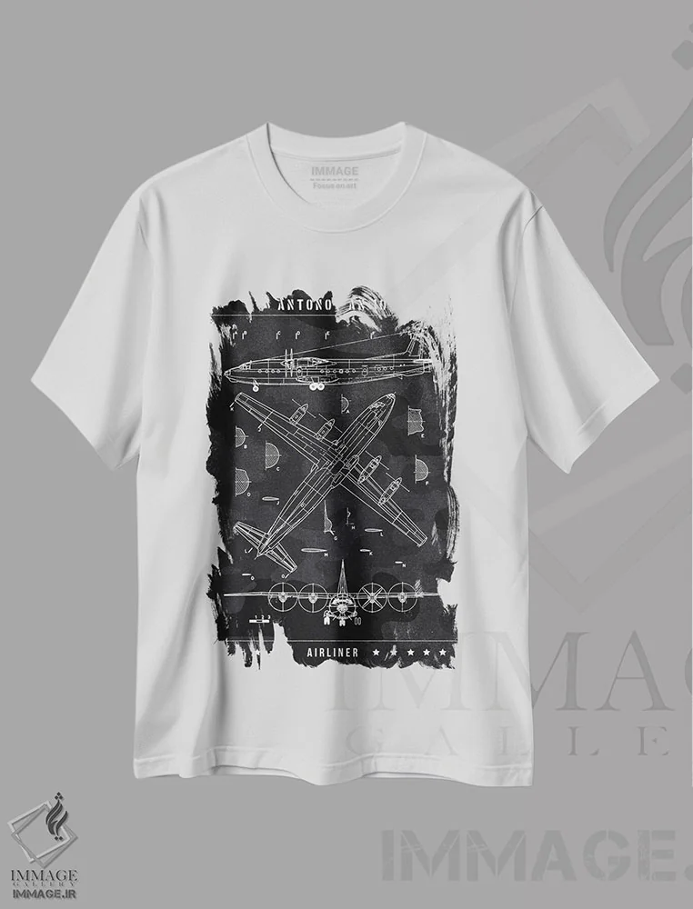 تیشرت سفید طرح دار آنتونوف An-10، هنر تزئینی سیاه و سفید اثر جوزف فرناندو | immage.ir