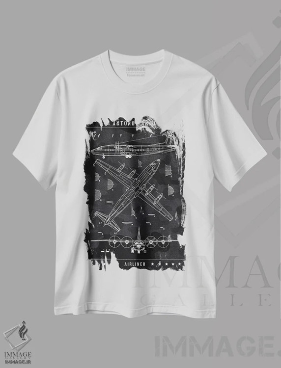 تیشرت سفید طرح دار آنتونوف An-10، هنر تزئینی سیاه و سفید اثر جوزف فرناندو | immage.ir