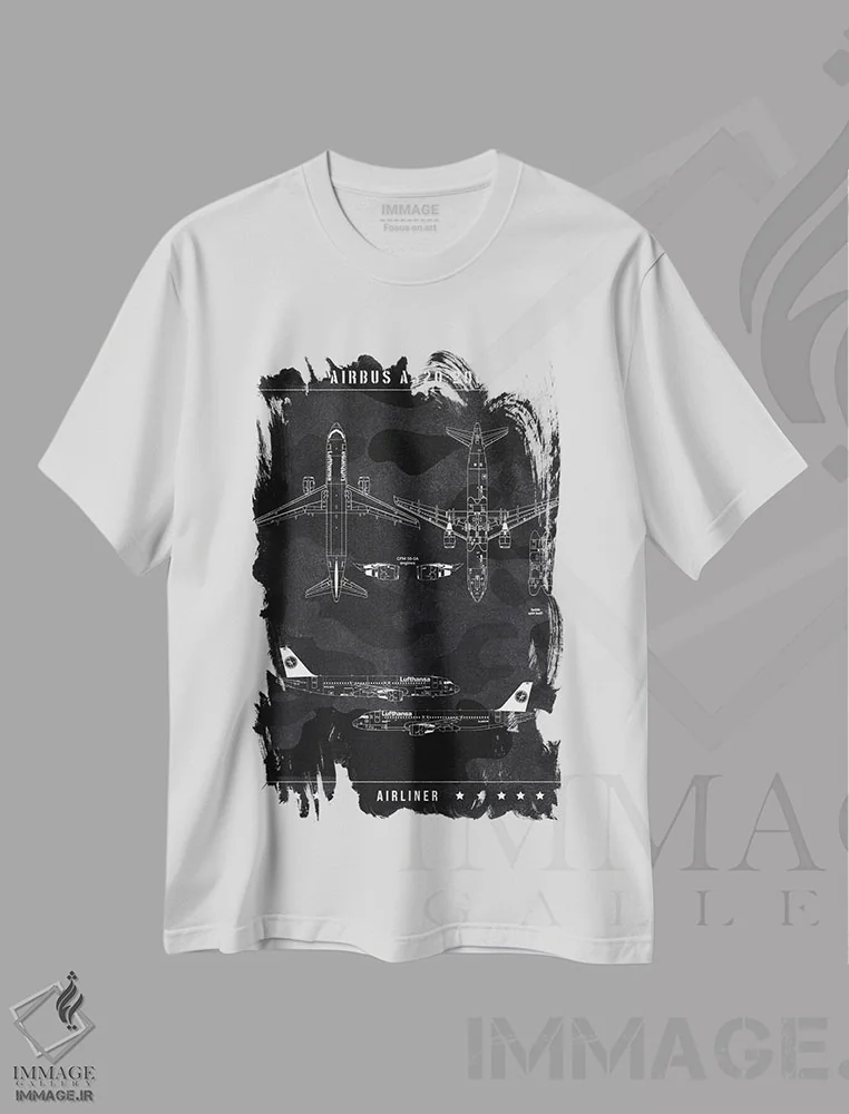 تیشرت سفید طرح دار ایرباس A320-200، هنر تزئینی سیاه و سفید اثر جوزف فرناندو | immage.ir