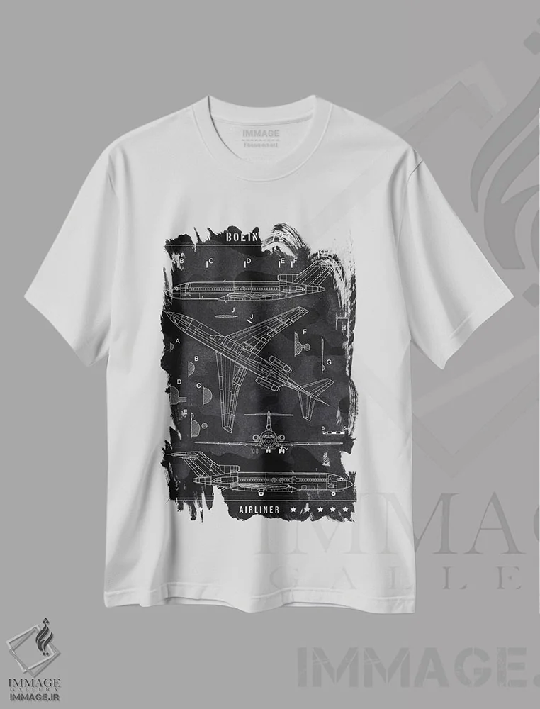 تیشرت سفید طرح دار بوئینگ ۷۲۷، هنر تزئینی سیاه و سفید اثر جوزف فرناندو | immage.ir