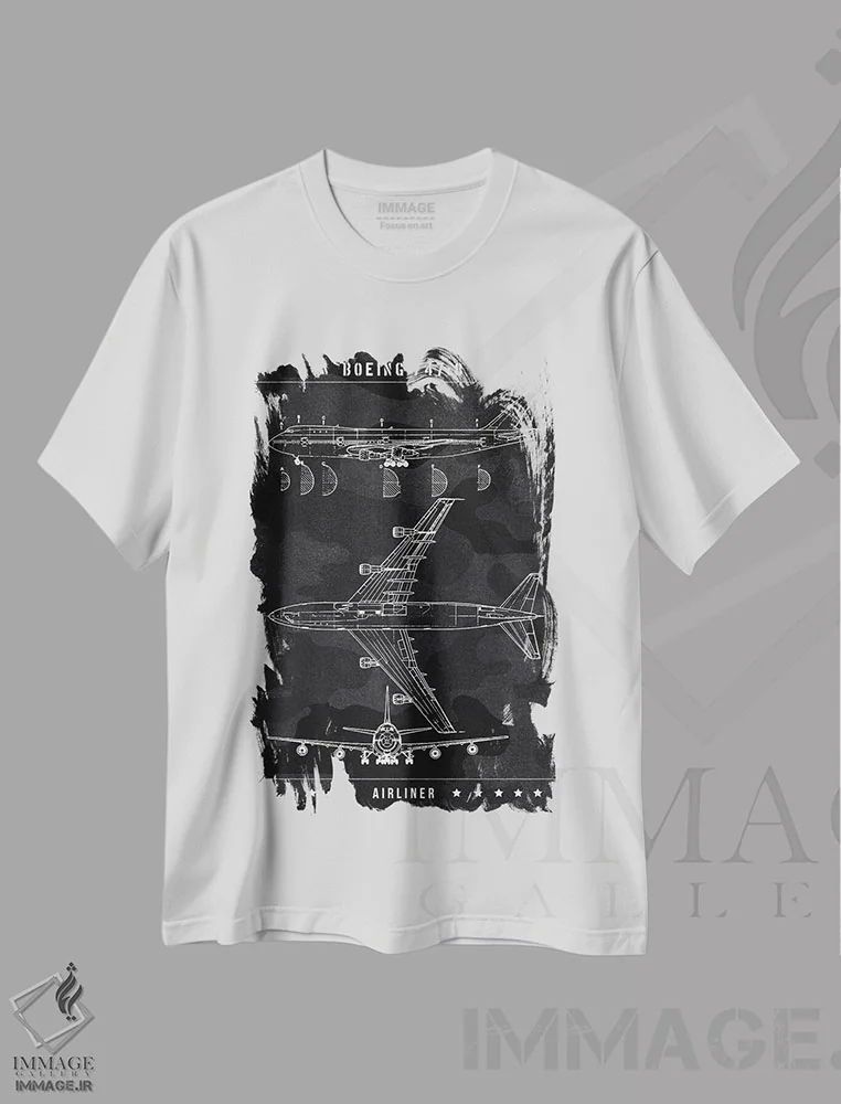 تیشرت سفید طرح دار بوئینگ، هنر تزئینی سیاه و سفید اثر جوزف فرناندو | فروشگاه ایماژ