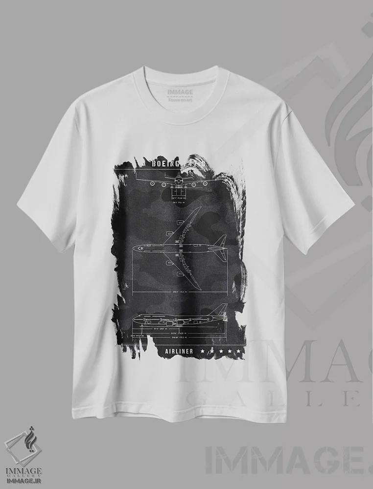 تیشرت سفید طرح دار بوئینگ ۷۴۷-۸، هنر تزئینی سیاه و سفید اثر جوزف فرناندو | immage.ir