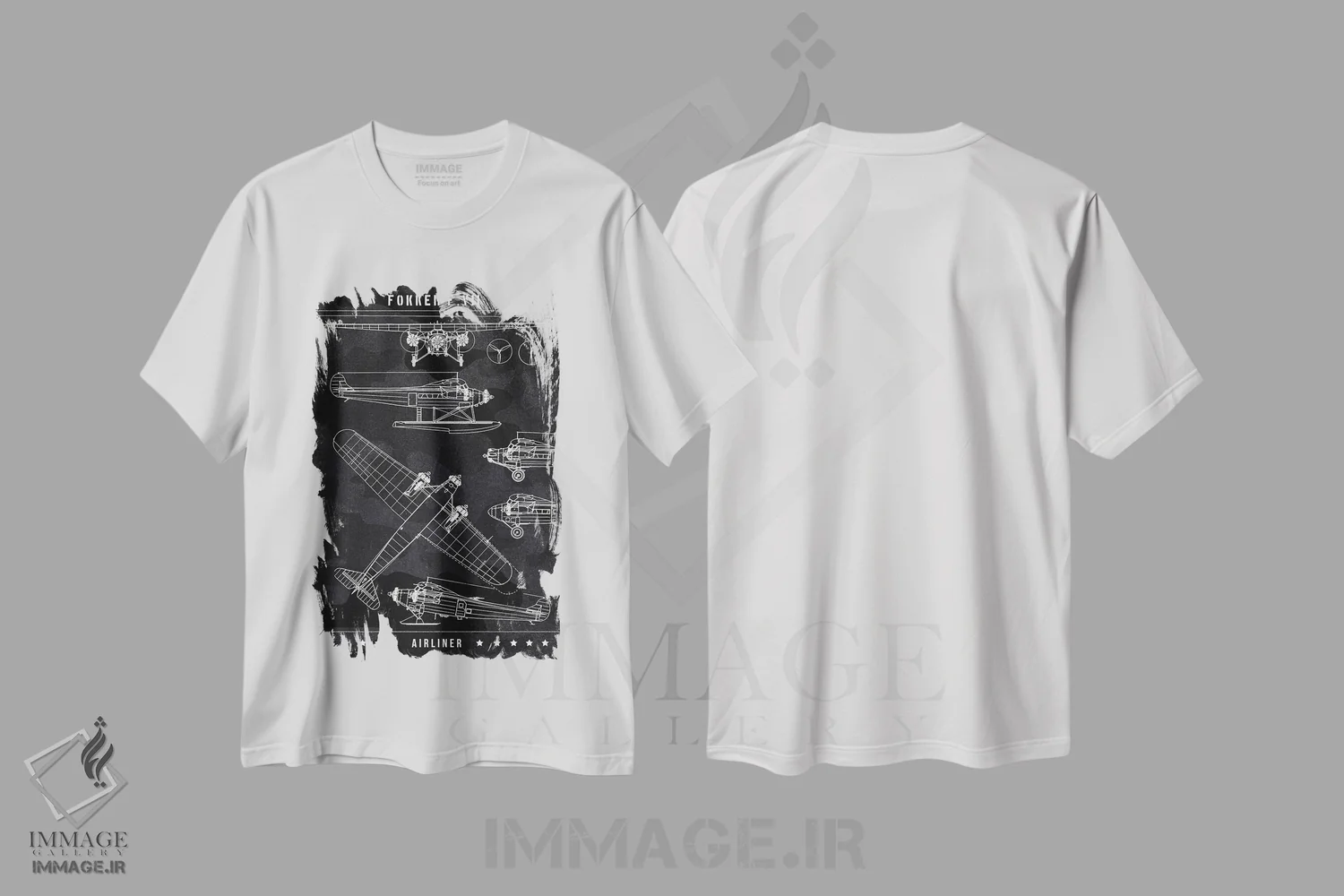 تیشرت سفید طرح دار فوکر F.7، هنر تزئینی سیاه و سفید اثر جوزف فرناندو | فروشگاه ایماژ