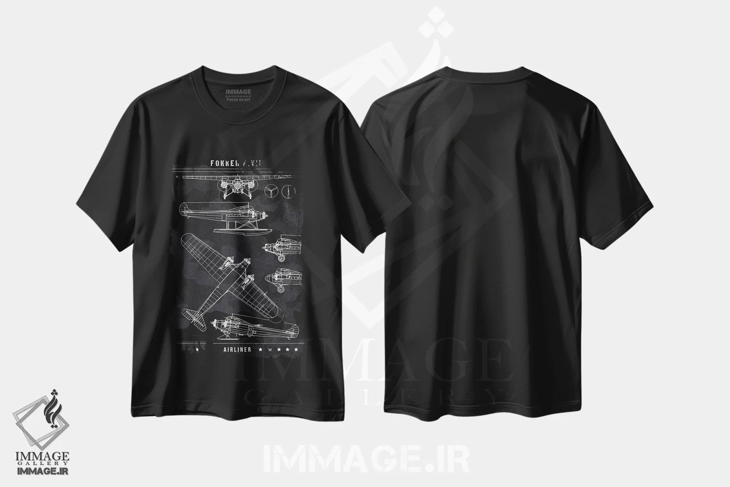 تیشرت مشکی طرح دار فوکر F.7، هنر تزئینی سیاه و سفید اثر جوزف فرناندو | immage.ir